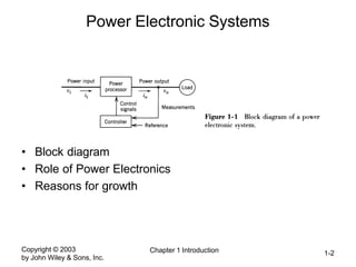 Copyright © 2003
by John Wiley & Sons, Inc.
Chapter 1 Introduction 1-2
Power Electronic Systems
• Block diagram
• Role of Power Electronics
• Reasons for growth
 