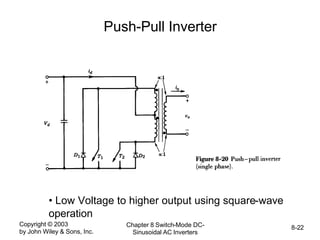 Copyright © 2003
by John Wiley & Sons, Inc.
Chapter 8 Switch-Mode DC-
Sinusoidal AC Inverters
8-22
Push-Pull Inverter
• Low Voltage to higher output using square-wave
operation
 