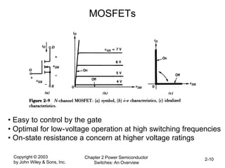 Copyright © 2003
by John Wiley & Sons, Inc.
Chapter 2 Power Semiconductor
Switches: An Overview
2-10
MOSFETs
• Easy to control by the gate
• Optimal for low-voltage operation at high switching frequencies
• On-state resistance a concern at higher voltage ratings
 