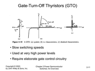 Copyright © 2003
by John Wiley & Sons, Inc.
Chapter 2 Power Semiconductor
Switches: An Overview
2-11
Gate-Turn-Off Thyristors (GTO)
• Slow switching speeds
• Used at very high power levels
• Require elaborate gate control circuitry
 