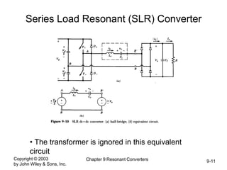 Copyright © 2003
by John Wiley & Sons, Inc.
Chapter 9 Resonant Converters 9-11
Series Load Resonant (SLR) Converter
• The transformer is ignored in this equivalent
circuit
 