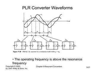 Copyright © 2003
by John Wiley & Sons, Inc.
Chapter 9 Resonant Converters 9-21
PLR Converter Waveforms
• The operating frequency is above the resonance
frequency
 