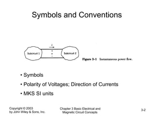 Copyright © 2003
by John Wiley & Sons, Inc.
Chapter 3 Basic Electrical and
Magnetic Circuit Concepts
3-2
Symbols and Conventions
• Symbols
• Polarity of Voltages; Direction of Currents
• MKS SI units
 
