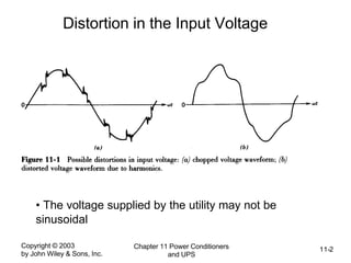 Copyright © 2003
by John Wiley & Sons, Inc.
Chapter 11 Power Conditioners
and UPS
11-2
Distortion in the Input Voltage
• The voltage supplied by the utility may not be
sinusoidal
 