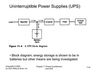 Copyright © 2003
by John Wiley & Sons, Inc.
Chapter 11 Power Conditioners
and UPS
11-6
Uninterruptible Power Supplies (UPS)
• Block diagram; energy storage is shown to be in
batteries but other means are being investigated
 