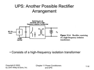 Copyright © 2003
by John Wiley & Sons, Inc.
Chapter 11 Power Conditioners
and UPS
11-8
UPS: Another Possible Rectifier
Arrangement
• Consists of a high-frequency isolation transformer
 