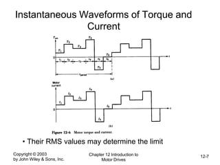 Copyright © 2003
by John Wiley & Sons, Inc.
Chapter 12 Introduction to
Motor Drives
12-7
Instantaneous Waveforms of Torque and
Current
• Their RMS values may determine the limit
 
