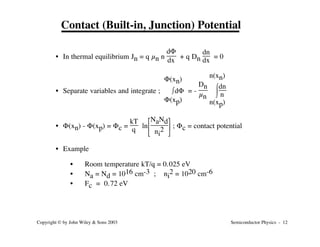 Semiconductor Physics - 12
Copyright © by John Wiley & Sons 2003
Contact (Built-in, Junction) Potential
• In thermal equilibrium Jn = q µn n
dF
dx
+ q Dn
dn
dx
= 0
• Separate variables and integrate ; ı
Û
F(xp)
F(xn)
dF = -
Dn
µn ı
Ù
Û
n(xp)
n(xn)
dn
n
• F(xn) - F(xp) = Fc =
kT
q
ln
Î
Í
È
˚
˙
˘
NaNd
ni
2
; Fc = contact potential
• Example
• Room temperature kT/q = 0.025 eV
• Na = Nd = 1016 cm-3 ; ni
2 = 1020 cm-6
• Fc = 0.72 eV
 