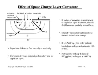 Diodes - 5
Copyright © by John Wiley & Sons 2003
Effect of Space Charge Layer Curvature
N
+
P
+
N -
depletion
layer
R
incident acceptor impurities
diffusing
acceptor
impurities SiO2
• Impurities diffuse as fast laterally as vertically
• Curvature develops in junction boundary and in
depletion layer.
• If radius of curvature is comparable
to depletion layer thickness, electric
field becomes spatially nonuniform.
• Spatially nonuniform electric field
reduces breakdown voltage.
• R > 6 W(BVBD) in order to limit
breakdown voltage reduction to 10%
or less.
• Not feasible to keep R large if
BVBD is to be large ( > 1000 V).
 