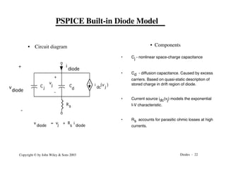 Diodes - 22
Copyright © by John Wiley & Sons 2003
PSPICE Built-in Diode Model
Rs
C
d
C j
i (v )
dc j
v
j
+
-
v
diode
i
diode
+
-
v = v + R i
diode
s
j
diode
• Cj - nonlinear space-charge capacitance
• Cd - diffusion capacitance. Caused by excess
carriers. Based on quasi-static description of
stored charge in drift region of diode.
• Current source idc(vj) models the exponential
I-V characteristic.
• Rs accounts for parasitic ohmic losses at high
currents.
• Circuit diagram • Components
 