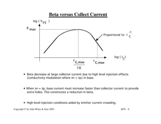 BJTs - 8
Copyright © by John Wiley & Sons 2003
Beta versus Collect Current
• Beta decrease at large collector current due to high level injection effects
(conductivity modulation where dn = dp) in base.
• When dn = dp, base current must increase faster than collector current to provide
extra holes. This constitutes a reduction in beta.
• High level injection conditions aided by emitter current crowding.
log ( I )
C
I
C,max
I
C,max
10
b
max
Proportional to I
C
-1
FE
log ( h )
 