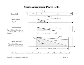 BJTs - 10
Copyright © by John Wiley & Sons 2003
Quasi-saturation in Power BJTs
N
N
N +
+ -
P
E
B
stored charge
virtual base
Q
2
Q
1
virtual base
stored charge
+ -
V
B C
Active region
VBC < 0
Quasi-saturation
VBC > 0 but drift region not
completely filled with excess
carriers.
Hard saturation
VBC > 0 and drift region
filled with excess carriers.
Power BJT
• Beta decreases in quasi-saturation because effective base width (virtual base) width has increased.
 