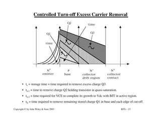 BJTs - 15
Copyright © by John Wiley & Sons 2003
Controlled Turn-off Excess Carrier Removal
time
time
Q2
Q1
N N
N
+
+ -
P
emitter base collector
drift region
collector
contact
Q3
• ts = storage time = time required to remove excess charge Q3.
• trv1 = time to remove charge Q2 holding transistor in quasi-saturation.
• trv2 = time required for VCE to complete its growth to Vdc with BJT in active region.
• tfi = time required to remove remaining stored charge Q1 in base and each edge of cut-off.
 
