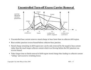 BJTs - 17
Copyright © by John Wiley & Sons 2003
Uncontrolled Turn-off Excess Carrier Removal
time
time
carrier
density
versus
position
time
time
x
N N
N
+
+ -
P
emitter base collector
drift region
collector
contact
• Uncontrolled base current removes stored charge in base faster than in collector drift region.
• Base-emitter junction reverse biased before collector-base junction.
• Stored charge remaining in drift region now can be only removed by the negative base current
rather than the much larger collector current which was flowing before the B-E junction was
reverse biased.
• Takes longer time to finish removal of drift region stored charge thus leading to collector current
“tailing” and excessive switching losses.
 