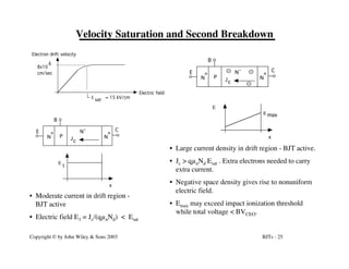 BJTs - 25
Copyright © by John Wiley & Sons 2003
Velocity Saturation and Second Breakdown
Electron drift velocity
8x10
cm/sec
6
Electric field
E = 15 kV/cm
sat
P
N
+ N-
N
+
B
C
E
Jc
1
E
x
E
x
E max
P
N
+ N-
N
+
B
C
E
Jc
• Moderate current in drift region -
BJT active
• Electric field E1 = Jc/(qµnNd) < Esat
• Large current density in drift region - BJT active.
• Jc > qµnNd Esat . Extra electrons needed to carry
extra current.
• Negative space density gives rise to nonuniform
electric field.
• Emax may exceed impact ionization threshold
while total voltage < BVCEO.
 