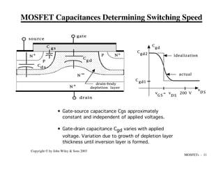 MOSFETs - 11
Copyright © by John Wiley & Sons 2003
MOSFET Capacitances Determining Switching Speed
C gs
C
g d
N
N
N
P
P +
+
+ N
source
gate
drain
Cd s
drain-body
depletion layer
C
gd2
C
gd1
v
D S
v = v
G S D S
C
gd
actual
idealization
200 V
• Gate-source capacitance Cgs approximately
constant and independent of applied voltages.
• Gate-drain capacitance Cgd varies with applied
voltage. Variation due to growth of depletion layer
thickness until inversion layer is formed.
 