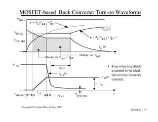 MOSFETs - 14
Copyright © by John Wiley & Sons 2003
MOSFET-based Buck Converter Turn-on Waveforms
V
GS,Io
V
GS(th)
V
GG+
= R (C + C )
gd2 g s
G
t
= R (C + C )
g s
gd1
G
t
v (t)
G S
i (t)
G
t
d(on)
t
fv2
t
r i
t fv1
V in
i (t)
D
v (t)
D S
I o
t
t
V
DS(on)
Charge on C
gd
Charge on C + C
g s gd
• Free-wheeling diode
assumed to be ideal.
(no reverse recovery
current).
 