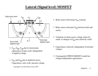 MOSFETs - 31
Copyright © by John Wiley & Sons 2003
N+
P
N+
S
G
D
Drain-body
depletion layer
Body-source short Cgs Cgd
C bs
Cbg
Cbd
B
Source-body
depletion layer
• Cgs, Cbg, Cgd due to electrostatic
capacitance of gate oxide. Independent
of applied voltage
• Cbs and Cbd due to depletion layers.
Capacitance varies with junction voltage.
• Body-source short keeps Cbs constant.
• Body-source short puts Cbd between drain and
source.
• Variations in drain-source voltage relatively
small, so changes in Cbd also relatively small.
• Capacitances relatively independent of terminal
voltages
• Consequently PSPICE MOSFET model has
voltage-independent capacitances.
Lateral (Signal level) MOSFET
 