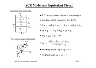 SCRs -4
Copyright © by John Wiley & Sons 2002
N2
P
2
P
1
N
1
G
K
A
J
1
J
2
J
3
(N )
-
(N )
+
A
G
K
Q
1
Q
2
J
1
J
2
J
3
• BJTs in equivalent circuit in active region.
• Use Ebers-Moll equations for BJTs
• IC1 = -a1IE1 + ICO1 ; IC2 = -a2IE2 + ICO
• IA = IE1 ; I K = -IE2 = IA + IG
• IC1 + IB1 + IE1 = 0
• IA =
aIG!+!ICO1!+!ICO2
1!-!!a1!-!a2
• Blocking state a1 + a2 << 1
• At breakover a1 + a2 ≈ 1
Two transistor equivalent circuit
One dimensional SCR model.
SCR Model and Equivalent Circuit
 