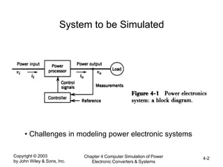 Copyright © 2003
by John Wiley & Sons, Inc.
Chapter 4 Computer Simulation of Power
Electronic Converters & Systems
4-2
System to be Simulated
• Challenges in modeling power electronic systems
 