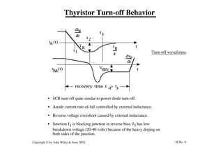 SCRs -9
Copyright © by John Wiley & Sons 2002
• SCR turn-off quite similar to power diode turn-off.
• Anode current rate-of-fall controlled by external inductance.
• Reverse voltage overshoot caused by external inductance.
• Junction J1 is blocking junction in reverse bias. J3 has low
breakdown voltage (20-40 volts) because of the heavy doping on
both sides of the junction.
Thyristor Turn-off Behavior
Turn-off waveforms
t1
3
t
di
dt
R
V
REV
I
R
4
t
t
v (t)
AK
i (t)
A
dv
dt
F
I
R
t2
recovery time t > t
q 3
 