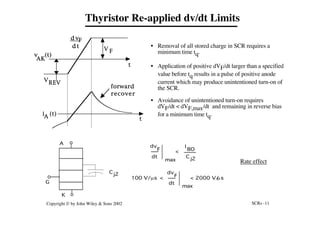 SCRs -11
Copyright © by John Wiley & Sons 2002
Thyristor Re-applied dv/dt Limits
V
REV
V F
d v
d t
F
t
t
v (t)
AK
i (t)
A
forward
recover
y
current
• Removal of all stored charge in SCR requires a
minimum time tq.
• Application of positive dVF/dt larger than a specified
value before tq results in a pulse of positive anode
current which may produce unintentioned turn-on of
the SCR.
• Avoidance of unintentioned turn-on requires
dVF/dt < dVF,max/dt and remaining in reverse bias
for a minimum time tq.
A
K
G
Cj2
dv
F
dt
max
<
I
BO
C j2
dv
F
dt
max
100 V/ms < < 2000 V/
ms
Rate effect
 