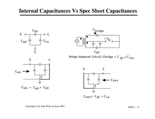 IGBTs - 11
Copyright © by John Wiley & Sons 2003
Internal Capacitances Vs Spec Sheet Capacitances
G C
E
Cgc
ge
C ce
C
ies
C
G C
E
ies
C = ge
C + Cgc
oes
C
G C
E
Cgc ce
C
oes
C = +
Cgc
C
bridge
+ -
V
b
res
C
Bridge balanced (Vb=0) Cbridge = C =
gc
 