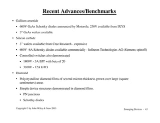Emerging Devices - 43
Copyright © by John Wiley & Sons 2003
Recent Advances/Benchmarks
• Gallium arsenide
• 600V GaAs Schottky diodes announced by Motorola. 250V available from IXYS
• 3” GaAs wafers available
• Silicon carbide
• 3” wafers available from Cree Research - expensive
• 600V -6A Schottky diodes available commercially - Infineon Technologies AG (Siemens spinoff)
• Controlled switches also demonstrated
• 1800V - 3A BJT with beta of 20
• 3100V - 12A GTO
• Diamond
• Polycrystalline diamond films of several micron thickness grown over large (square
centimeters) areas
• Simple device structures demonstrated in diamond films.
• PN junctions
• Schottky diodes
 