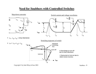 Copyright © by John Wiley & Sons 2003 Snubbers - 9
Need for Snubbers with Controlled Switches
t o t
1
t
3
t
4
t
5 t 6
Ls
di
dt
Ls
di
dt
V
d
I
o
I
o
vsw
i
sw
I
rr
I o
V
d
L 1 L
2
L 3
S
w
vsw
+
-
i
sw
L1 L
2
L
3
• , , = stray inductances
L1 L
2
L
3
Ls = +
+
•
turn-on
turn-off
idealized
switching
loci
t
o
t
1
t3
t
4
t 5
t
6
V
d
i sw
vsw
• Overvoltage at turn-off
due to stray inductance
• Overcurrent at turn-on due to
diode reverse recovery
Step-down converter Switch current and voltage waveforms
Switching trajectory of switch
 