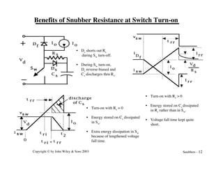 Copyright © by John Wiley & Sons 2003 Snubbers - 12
I o
D
f
C s
I o
R s
V
d
Ds
S w
t r r
t r i +
i s w
t r r
0
discharge
of C s
t r i t
2
V
d
I o
vs w
vs w
I r r
I o
I r r
i
D
f
t r r
Vd
R s
i s w
Benefits of Snubber Resistance at Switch Turn-on
• Ds shorts out Rs
during Sw turn-off.
• During Sw turn-on,
Ds reverse-biased and
Cs discharges thru Rs.
• Turn-on with Rs = 0
• Energy stored on Cs dissipated
in Sw.
• Extra energy dissipation in Sw
because of lengthened voltage
fall time.
• Turn-on with Rs > 0
• Energy stored on Cs dissipated
in Rs rather than in Sw.
• Voltage fall time kept quite
short.
 