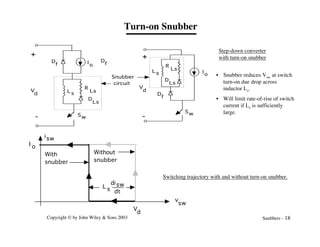 Copyright © by John Wiley & Sons 2003 Snubbers - 18
Turn-on Snubber
V
d
+
-
L s
D
Ls
D
f
R
Ls
I
o
Sw
V
d
-
L s
D
Ls
D
f
R
Ls
Io
Sw
D
f
+
Snubber
circuit
Step-down converter
with turn-on snubber
• Snubber reduces Vsw at switch
turn-on due drop across
inductor Ls.
• Will limit rate-of-rise of switch
current if Ls is sufficiently
large.
sw
i
v
sw
V
d
I o
L s
disw
dt
Without
snubber
With
snubber
Switching trajectory with and without turn-on snubber.
 