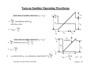 Copyright © by John Wiley & Sons 2003 Snubbers - 19
Turn-on Snubber Operating Waveforms
tri trr
rr
I
I o
V
d
v
s
w
i
s
w
•
disw
dt
controlled by switch Sw
and drive circuit.
• Dvsw =
LsIo
tri
I o
V
d
v
s
w
i
s
w
rr
I
reduced
t ≈ > t + t
I
L o
s
V
d
on ri rr
Large values of snubber inductance (Ls > Ls1)
Small values of snubber inductance (Ls < Ls1)
•
disw
dt
limited by circuit to
Vd
Ls
<
Io
tri
• Ls1 =
Vdtri
Io
• Irr reduced when Ls > Ls1 because Irr proportional to
disw
dt
 