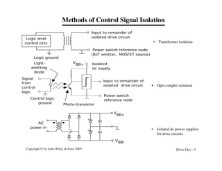Copyright © by John Wiley & Sons 2003 Drive Ckts - 9
Methods of Control Signal Isolation
Logic level
control ckts
Logic ground
Power switch reference node
(BJT emitter, MOSFET source)
Input to remainder of
isolated drive circuit
V
BB+
Input to remainder of
isolated drive circuit
Power switch
reference node
Light-
emitting
diode
Photo-transistor
Control logic
ground
Signal
from
control
logic
Isolated
dc supply
V
BB+
BB-
V
AC
power in
• Isolated dc power supplies
for drive circuits
• Opto-coupler isolation
• Transformer isolation
 