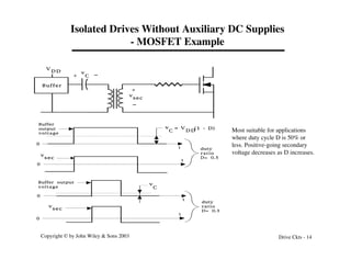 Copyright © by John Wiley & Sons 2003 Drive Ckts - 14
Isolated Drives Without Auxiliary DC Supplies
- MOSFET Example
Buffer
v
C
+
Buffer
output
voltage
v
C
v
sec
+
v
sec
duty
ratio
D= 0.5
v
sec
Buffer output
voltage
v
C
duty
ratio
D= 0.3
t
t
t
t
V
D D
V
D D
= (1 - D)
0
0
0
0
Most suitable for applications
where duty cycle D is 50% or
less. Positive-going secondary
voltage decreases as D increases.
 