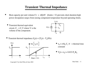 Heat Sinks - 6
Copyright © by John Wiley & Sons 2003
Transient Thermal Impedance
• Heat capacity per unit volume Cv = dQ/dT [Joules /°C] prevents short duration high
power dissipation surges from raising component temperature beyond operating limits.
• Transient thermal equivalent
circuit. Cs = CvV where V is the
volume of the component.
P(t)
q
R
j
T (t)
a
T
Cs
P(t)
t
q
R
P
o
q
t t
Slope = 0.5
log Z (t)
q
• Transient thermal impedance Zq(t) = [Tj(t) - Ta]/P(t)
• tq = π Rq Cs /4 = thermal time
constant
• Tj(t = tq) = 0.833 Po Rq
 