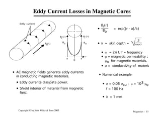 Magnetics - 13
Copyright © by John Wiley & Sons 2003
Eddy Current Losses in Magnetic Cores
0
Eddy current
r
a
a
B (r)
i
B (r)
i
B (t)
o
B
o Bo
• AC magnetic fields generate eddy currents
in conducting magnetic materials.
• Eddy currents dissipate power.
• Shield interior of material from magnetic
field.
•
Bi(r)
Bo
= exp({r - a}/d)
• d = skin depth =
2
wms
• w = 2π f, f = frequency
• m = magnetic permeability ;
mo for magnetic materials.
• s = conductivity of material.
• Numerical example
• s = 0.05 scu ; m = 103 mo
f = 100 Hz
• d = 1 mm
 