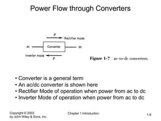 Copyright © 2003
by John Wiley & Sons, Inc.
Chapter 1 Introduction 1-9
Power Flow through Converters
• Converter is a general term
• An ac/dc converter is shown here
• Rectifier Mode of operation when power from ac to dc
• Inverter Mode of operation when power from ac to dc
 