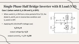 Single Phase Half Bridge Inverter with R Load (VSI)
Case 1 (when switch S1 is ON and S2 is OFF):
• When switch S1 is ON from a time period of 0 to T/2, the
diode D1 and D2 are in reverse bias condition and
S2 switch is OFF.
• Applying KVL (Kirchhoff’s Voltage Law)
Vs/2-V0=0
output voltage V0= Vs/2
output current i0 = V0/R= Vs/2R
 