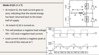Mode III (t2 ≤ t ≤ T)
• At instant t2, the load-current goes to
zero, indicating that the stored energy
has been returned back to the lower
half of supply.
• At instant t2,S2 is turned-on.
• This will produce a negative load voltage
V0= −V/2 and a negative load current.
• Load current reaches a negative peak at
the end of this interval at T.
 