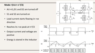 Mode I (t1≤ t ≤ T/2)
• At t=t1,D1 and D2 are turned off
• S1 and S2 are turned on
• Load current starts flowing in +ve
direction
• Reaches its +ve peak at t=T/2
• Output current and voltage are
positive
• Energy is stored in the inductor
 