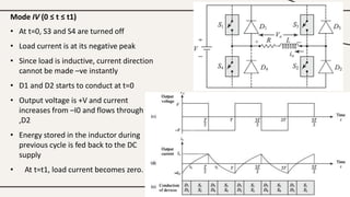 Mode IV (0 ≤ t ≤ t1)
• At t=0, S3 and S4 are turned off
• Load current is at its negative peak
• Since load is inductive, current direction
cannot be made –ve instantly
• D1 and D2 starts to conduct at t=0
• Output voltage is +V and current
increases from –I0 and flows through D1
,D2
• Energy stored in the inductor during
previous cycle is fed back to the DC
supply
• At t=t1, load current becomes zero.
 