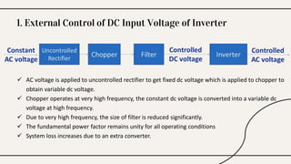  AC voltage is applied to uncontrolled rectifier to get fixed dc voltage which is applied to chopper to
obtain variable dc voltage.
 Chopper operates at very high frequency, the constant dc voltage is converted into a variable dc
voltage at high frequency.
 Due to very high frequency, the size of filter is reduced significantly.
 The fundamental power factor remains unity for all operating conditions
 System loss increases due to an extra converter.
1. External Control of DC Input Voltage of Inverter
 