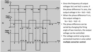 • Since the frequency of output
voltages Vo1 and Vo2 is same, if
the phase difference f is zero, the
output voltage is Vo = Vo1 + Vo2.
• When the phase difference f is π,
the output voltage is
Vo = Vo1 – Vo2 = 0.
• The phase difference can be
varied by changing the firing
angle of two inverters, the output
voltage can be controlled.
• The voltage control using series
connected inverters is also called
multiple converter control.
 