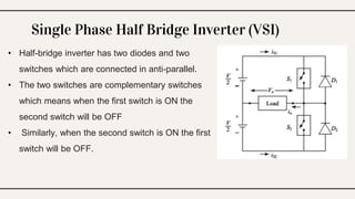 Single Phase Half Bridge Inverter (VSI)
• Half-bridge inverter has two diodes and two
switches which are connected in anti-parallel.
• The two switches are complementary switches
which means when the first switch is ON the
second switch will be OFF
• Similarly, when the second switch is ON the first
switch will be OFF.
 