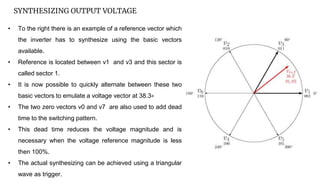 SYNTHESIZING OUTPUT VOLTAGE
• To the right there is an example of a reference vector which
the inverter has to synthesize using the basic vectors
available.
• Reference is located between v1 and v3 and this sector is
called sector 1.
• It is now possible to quickly alternate between these two
basic vectors to emulate a voltage vector at 38.3∘
• The two zero vectors v0 and v7 are also used to add dead
time to the switching pattern.
• This dead time reduces the voltage magnitude and is
necessary when the voltage reference magnitude is less
then 100%.
• The actual synthesizing can be achieved using a triangular
wave as trigger.
 