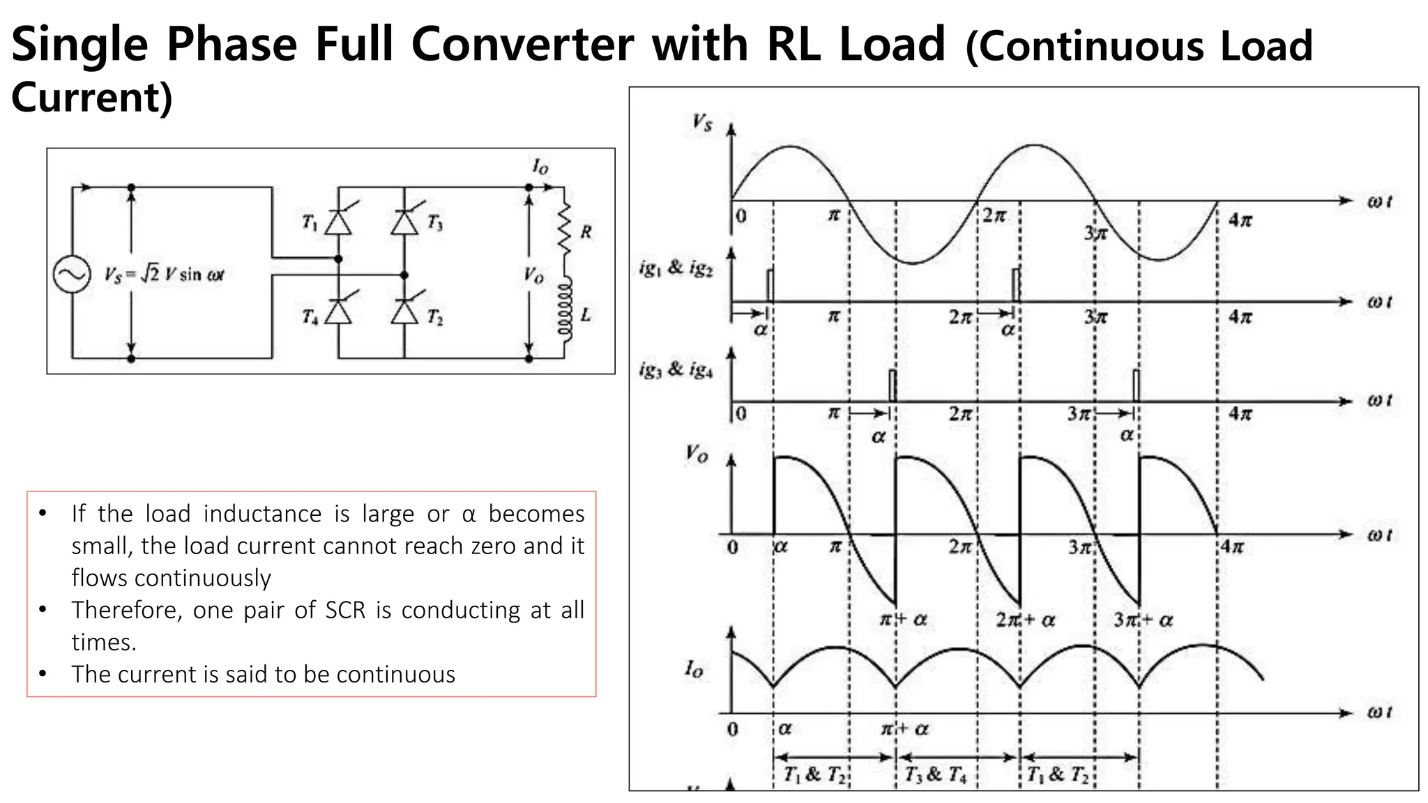 Single Phase Full Converter with RL Load (Continuous Load
Current)
33
• If the load inductance is large or α becomes
small, the load current cannot reach zero and it
flows continuously
• Therefore, one pair of SCR is conducting at all
times.
• The current is said to be continuous
 