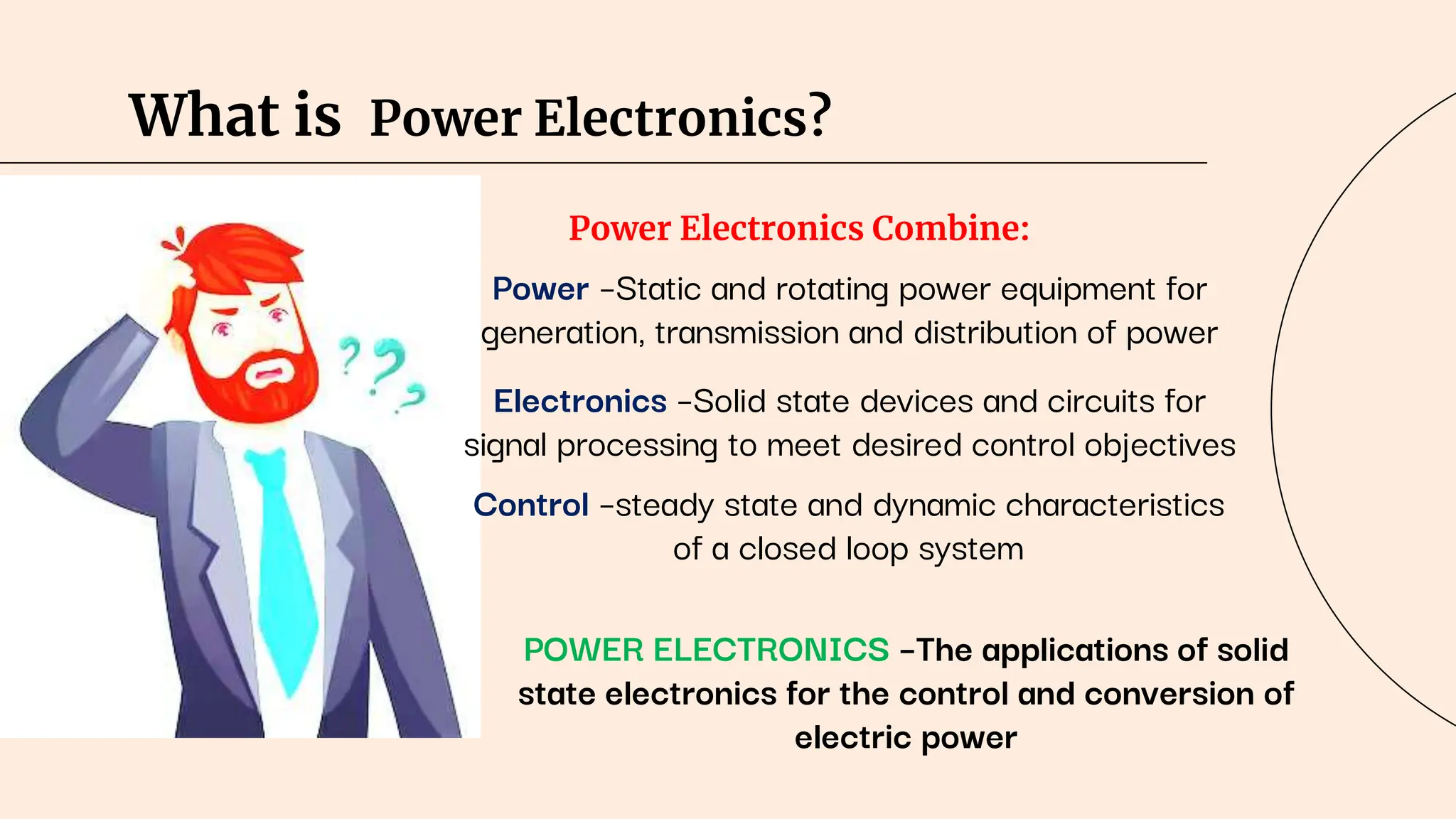 What is Power Electronics?
Power Electronics Combine:
Power –Static and rotating power equipment for
generation, transmission and distribution of power
Electronics –Solid state devices and circuits for
signal processing to meet desired control objectives
Control –steady state and dynamic characteristics
of a closed loop system
POWER ELECTRONICS –The applications of solid
state electronics for the control and conversion of
electric power
 