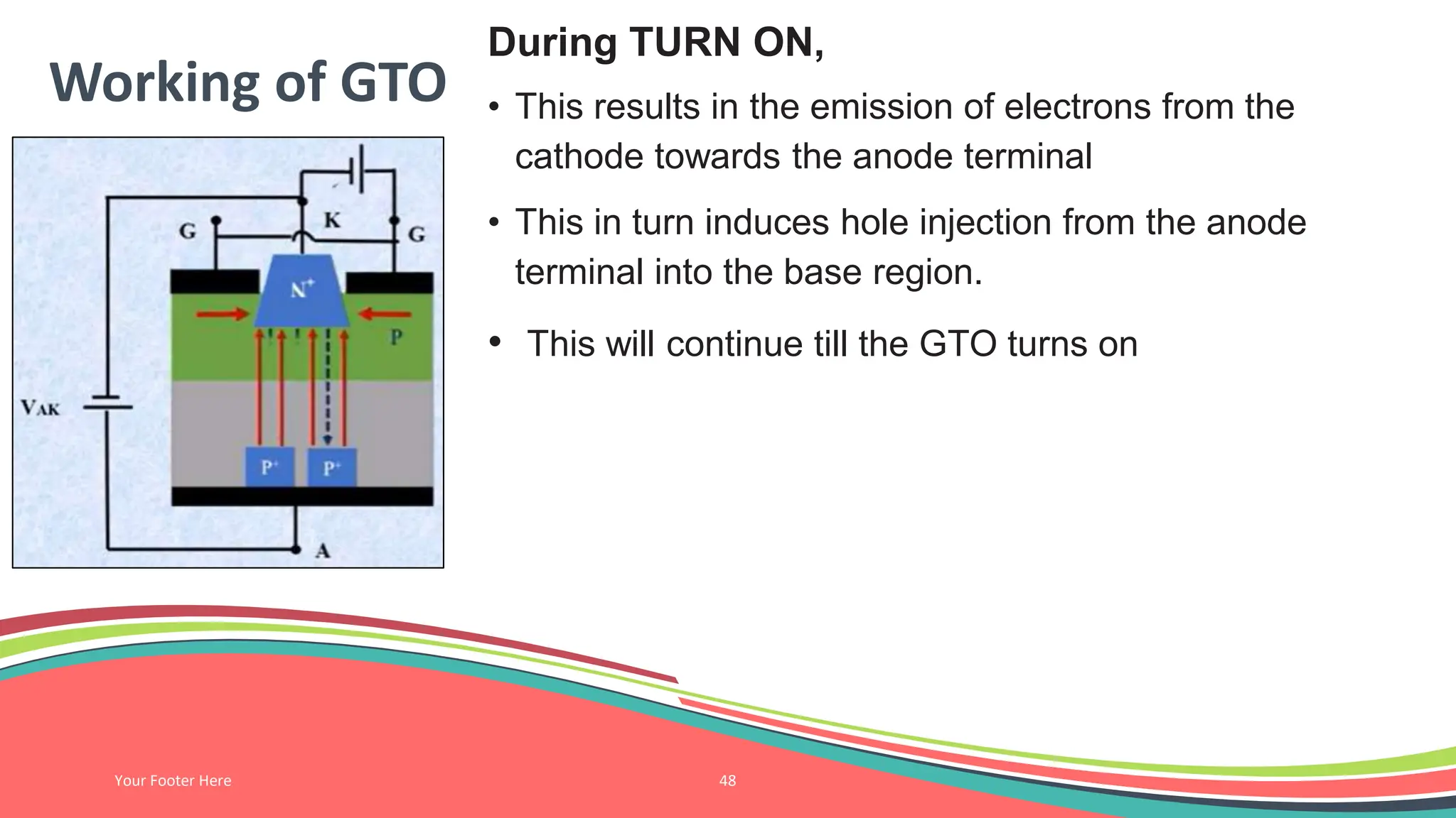 Working of GTO
During TURN ON,
• This results in the emission of electrons from the
cathode towards the anode terminal
• This in turn induces hole injection from the anode
terminal into the base region.
• This will continue till the GTO turns on
Your Footer Here 48
 