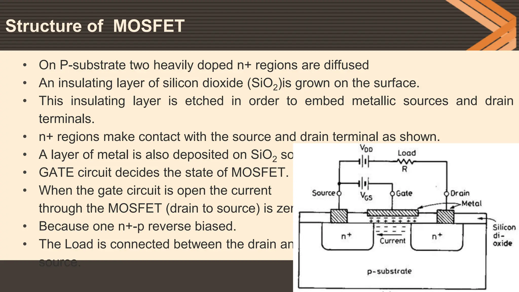 • On P-substrate two heavily doped n+ regions are diffused
• An insulating layer of silicon dioxide (SiO2)is grown on the surface.
• This insulating layer is etched in order to embed metallic sources and drain
terminals.
• n+ regions make contact with the source and drain terminal as shown.
• A layer of metal is also deposited on SiO2 so as to form the gate of MOSFET.
• GATE circuit decides the state of MOSFET.
• When the gate circuit is open the current
through the MOSFET (drain to source) is zero.
• Because one n+-p reverse biased.
• The Load is connected between the drain and
source.
Structure of MOSFET
 