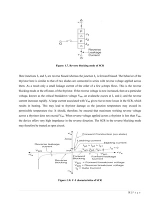 9 | P a g e
Figure: 1.7. Reverse blocking mode of SCR
Here Junctions J1 and J3 are reverse biased whereas the junction J2 is forward biased. The behavior of the
thyristor here is similar to that of two diodes are connected in series with reverse voltage applied across
them. As a result only a small leakage current of the order of a few μAmps flows. This is the reverse
blocking mode or the off-state, of the thyristor. If the reverse voltage is now increased, then at a particular
voltage, known as the critical breakdown voltage VBR, an avalanche occurs at J1 and J3 and the reverse
current increases rapidly. A large current associated with VBR gives rise to more losses in the SCR, which
results in heating. This may lead to thyristor damage as the junction temperature may exceed its
permissible temperature rise. It should, therefore, be ensured that maximum working reverse voltage
across a thyristor does not exceed VBR. When reverse voltage applied across a thyristor is less than VBR,
the device offers very high impedance in the reverse direction. The SCR in the reverse blocking mode
may therefore be treated as open circuit.
Figure: 1.8. V- I characteristics of SCR
 